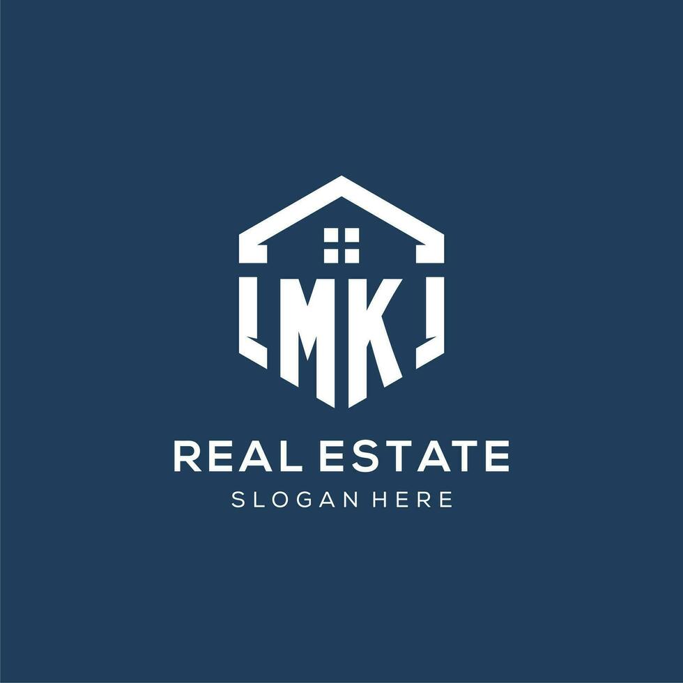 Letter MK logo for real estate with hexagon style vector