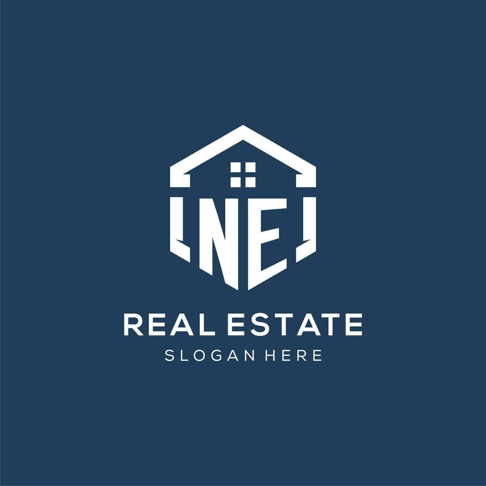 Letter NE logo for real estate with hexagon style vector