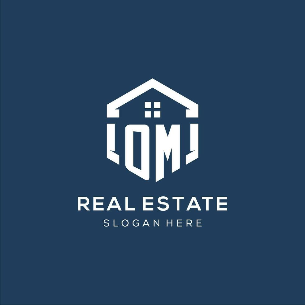 Letter OM logo for real estate with hexagon style vector