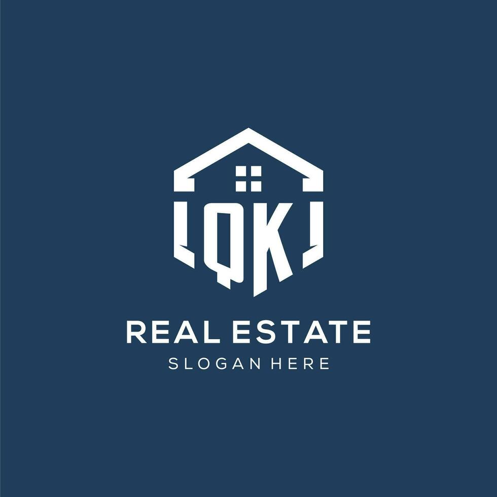 Letter QK logo for real estate with hexagon style vector