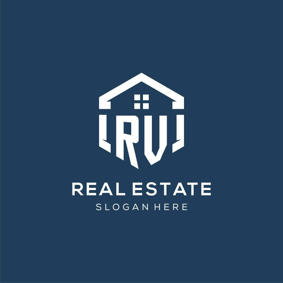 Letter RV logo for real estate with hexagon style vector