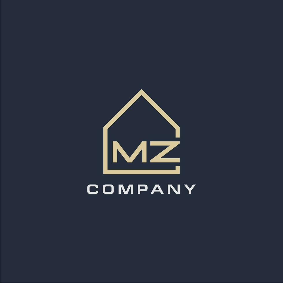 inicial letra mz real inmuebles logo con sencillo techo estilo diseño ideas vector