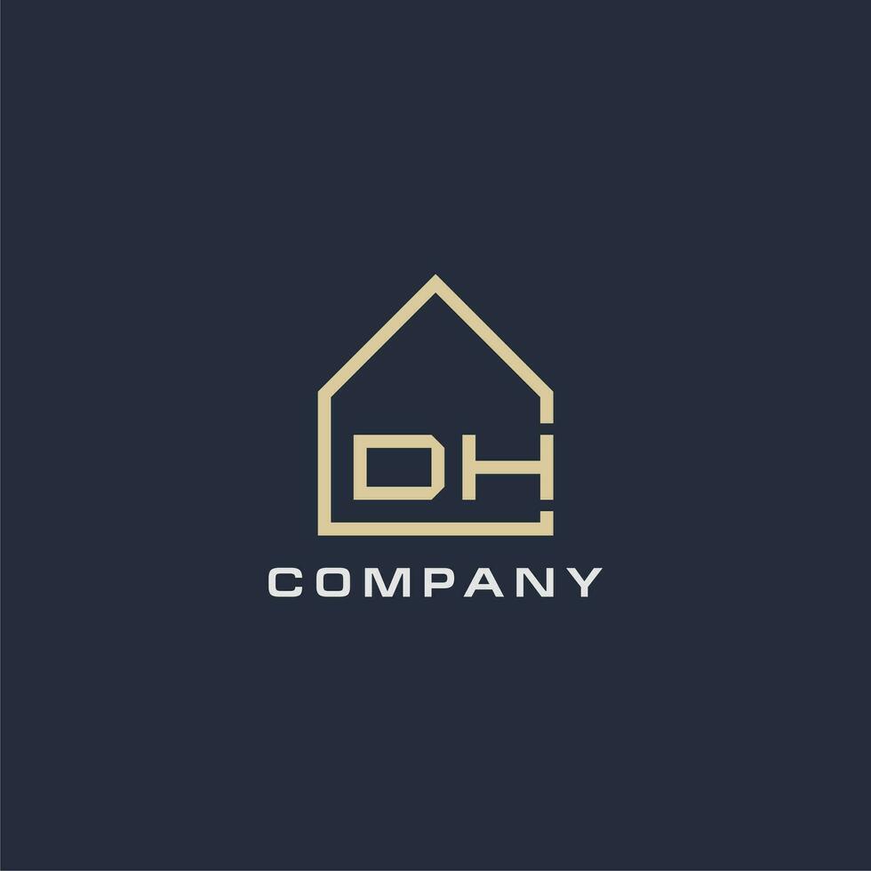 inicial letra dh real inmuebles logo con sencillo techo estilo diseño ideas vector