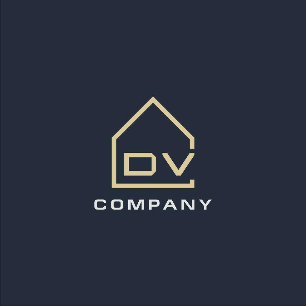 inicial letra dv real inmuebles logo con sencillo techo estilo diseño ideas vector