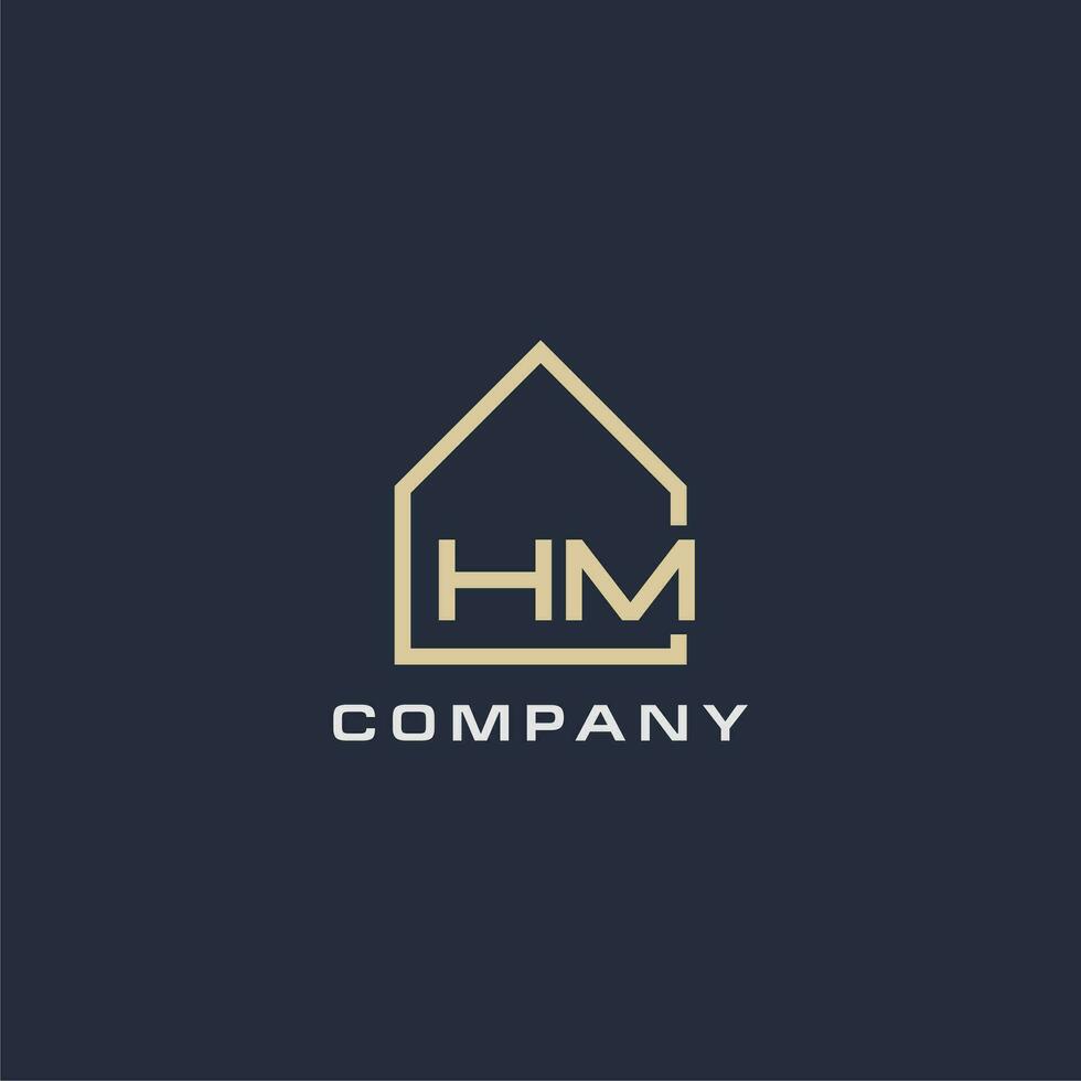 inicial letra hm real inmuebles logo con sencillo techo estilo diseño ideas vector
