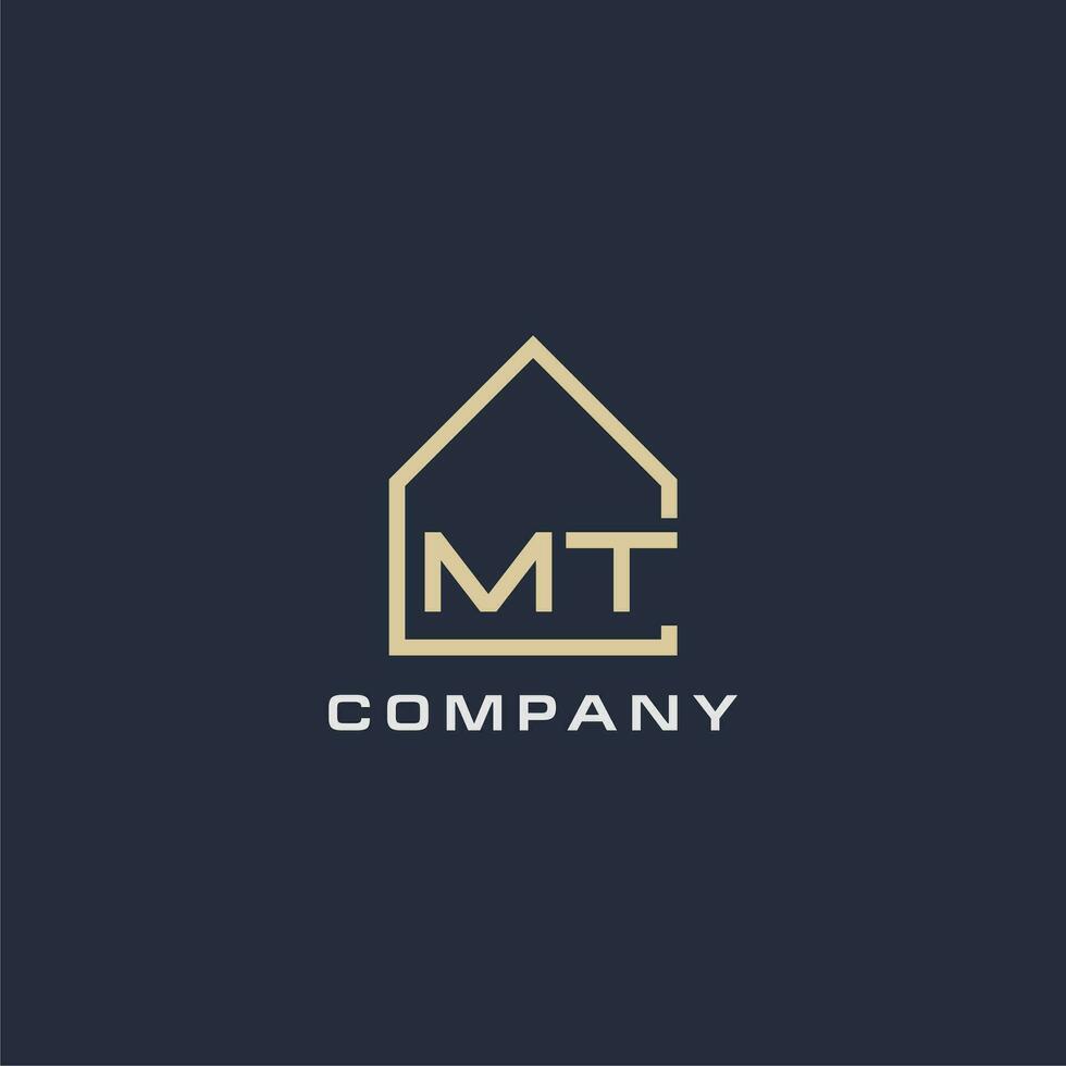 Initial letter MT real estate logo with simple roof style design ideas vector