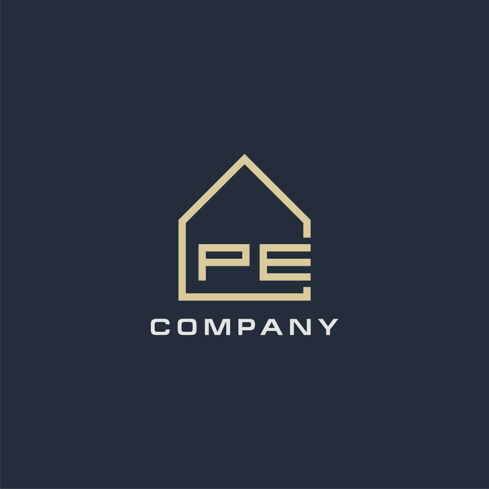 Initial letter PE real estate logo with simple roof style design ideas vector