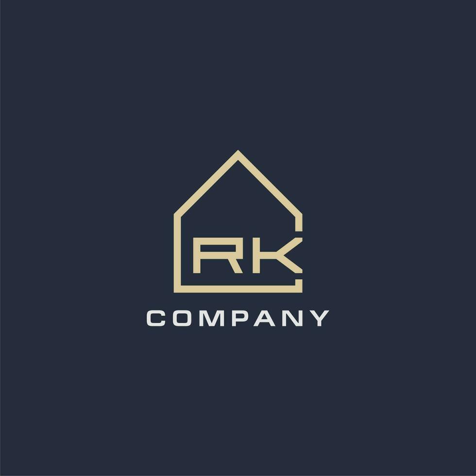 inicial letra rk real inmuebles logo con sencillo techo estilo diseño ideas vector