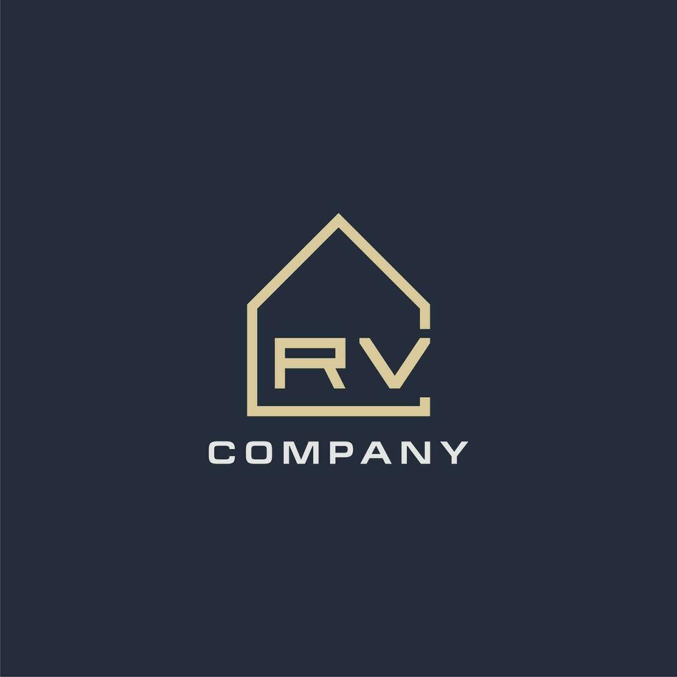 inicial letra rv real inmuebles logo con sencillo techo estilo diseño ideas vector