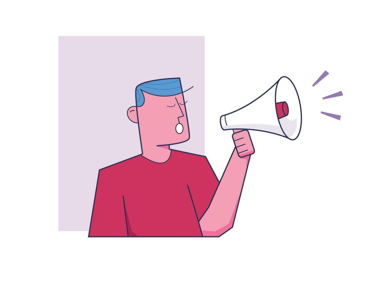 Announcement or advertisement. Young man speaks into megaphone. promotes company and attracts new customers. Employee establishes public relations vector