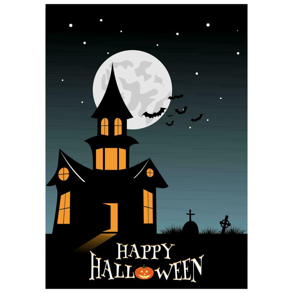 Happy Halloween poster with full moon, tree, bat, pumpkin and label Happy Halloween. halloween party inspiration vector. vector