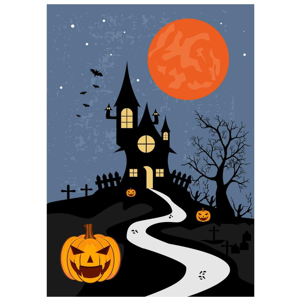Halloween party design vector. illustration of halloween poster with full moon, tree, bat, pumpkin and label Happy Halloween. vector