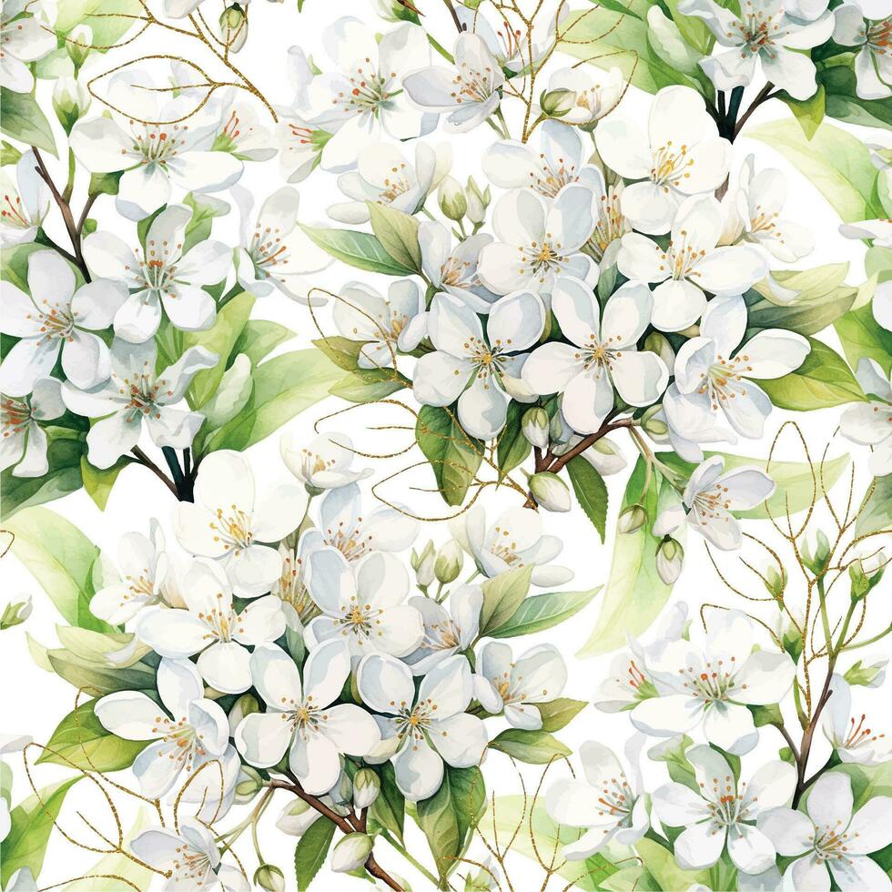 watercolor seamless pattern with white jasmine flowers and golden leaves on a white background vector