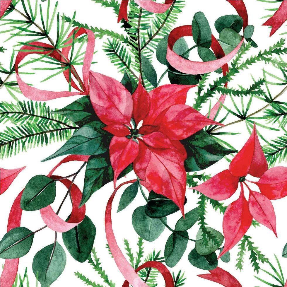 watercolor drawing, seamless pattern with christmas plants. red green print with poinsettia flowers and eucalyptus leaves on white background vector