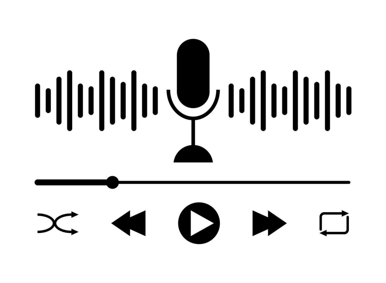 Sound wave icon, podcast player interface, music symbol, sound wave, loading progress bar and buttons. Microphone sound wave vector illustration.