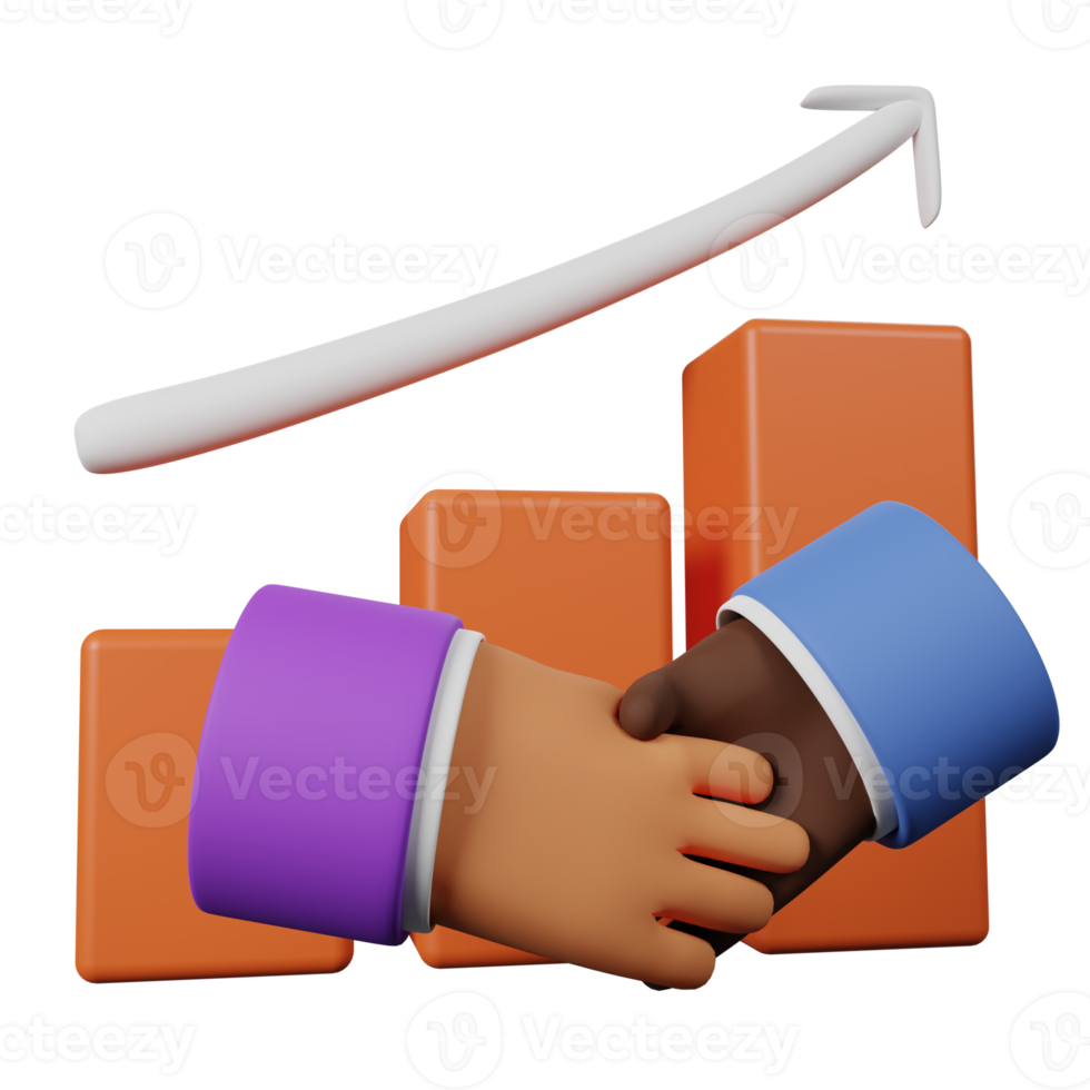 3d render Handshaking partnership with Growth chart and arrow png