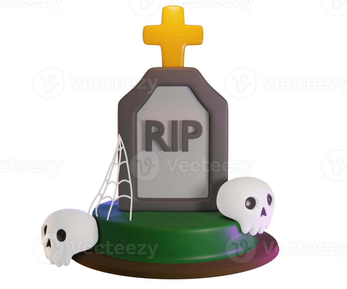 3d render of tombstone with cross, skull and spider web. Halloween celebration concept. Isolated element png