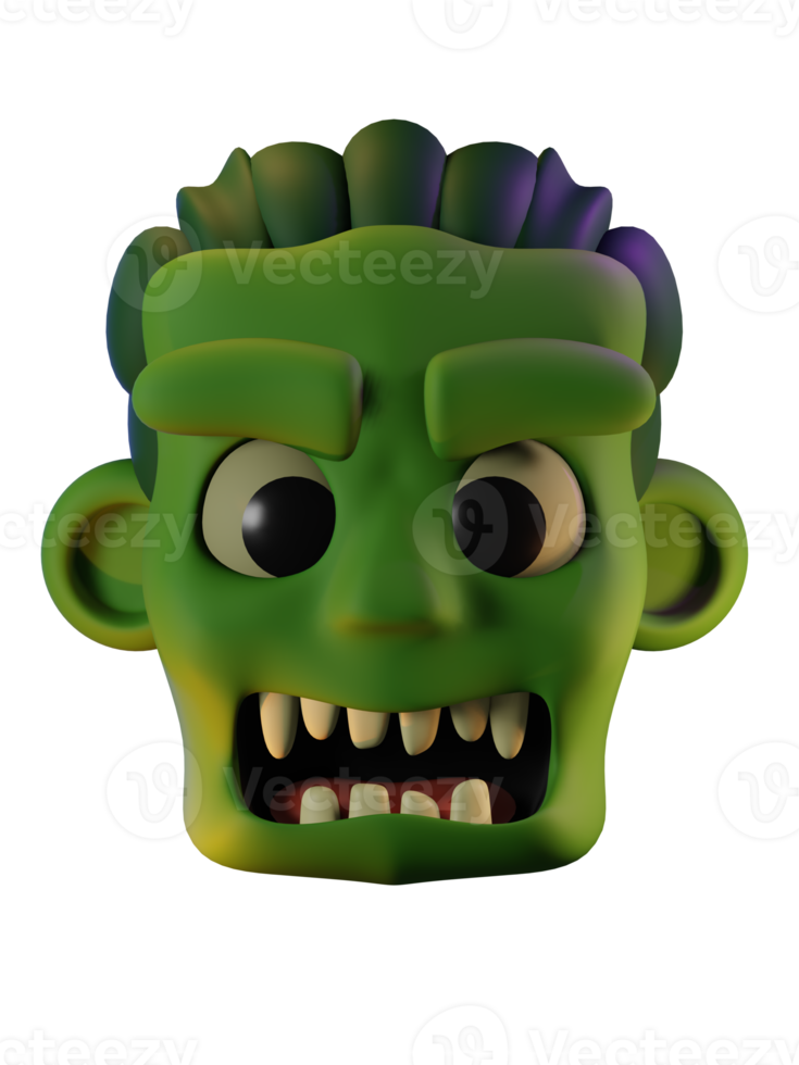 3d framställa av grön zombie huvud med öppen mun. halloween firande begrepp. isolerat element png