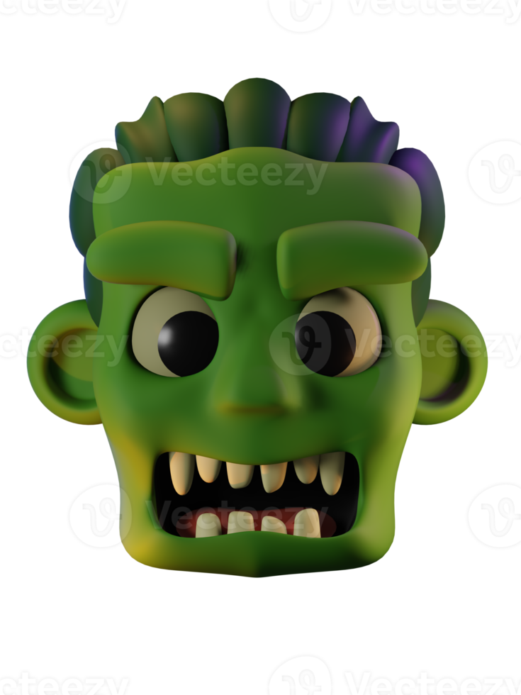 3d render of green zombie head with open mouth. Halloween celebration concept. Isolated element png