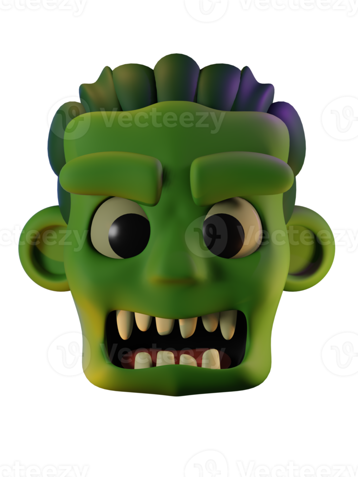 3d hacer de verde zombi cabeza con abierto boca. Víspera de Todos los Santos celebracion concepto. aislado elemento png