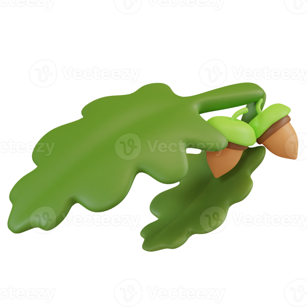 3D Render of Acorn Oak Nut with Leaves. Food Concept Illustration png