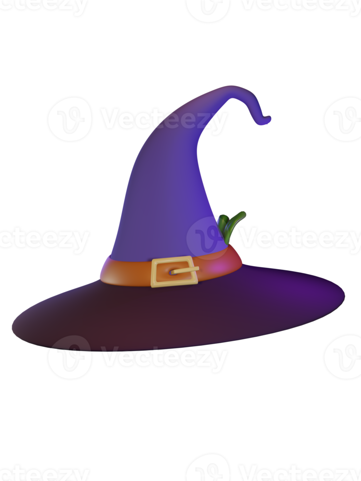 3d render of purple witch hat with a belt. Halloween celebration concept. Isolated element png