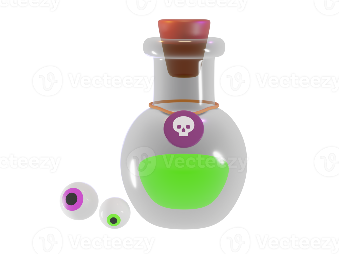 3d framställa av en transparent flaska med ett orange trolldryck med märka och ögonglober. halloween firande begrepp. isolerat element png