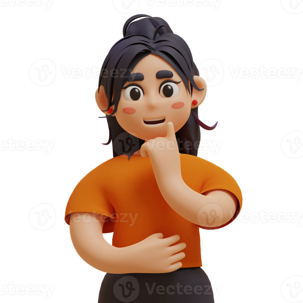 3D Render Illustration of Young Girl in Orange T-Shirt Thinking and Raises Finger Up. Character Cartoon Style png