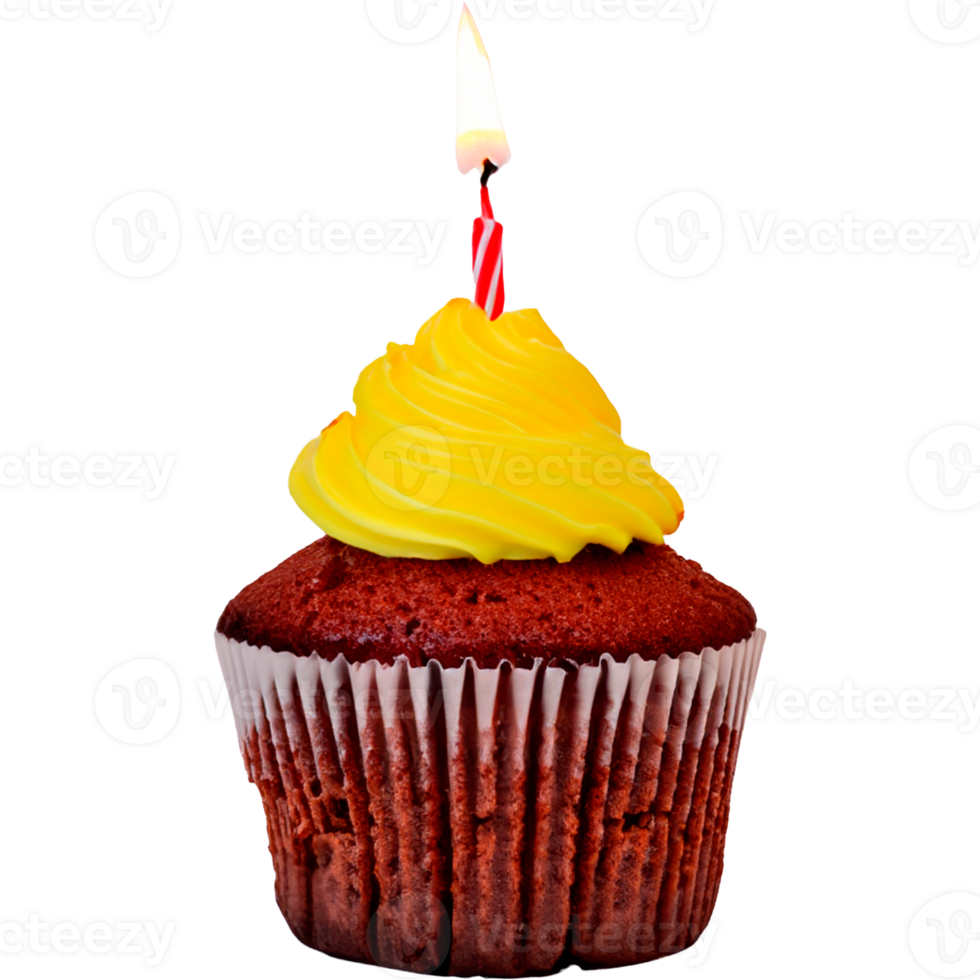 uno cioccolato vacanza Cupcake con giallo glassa e uno rosso candela png