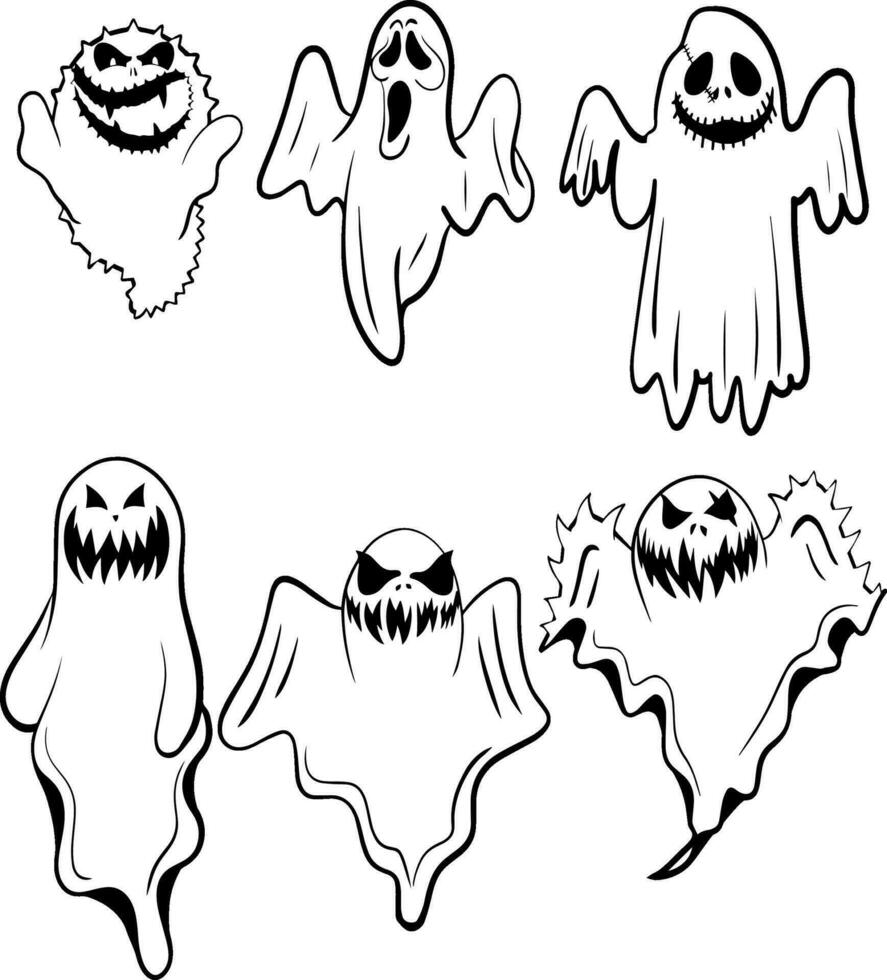 Víspera de Todos los Santos fantasmas, fantasmal monstruo con abucheo de miedo rostro, escalofriante fantasma plano vector icono conjunto