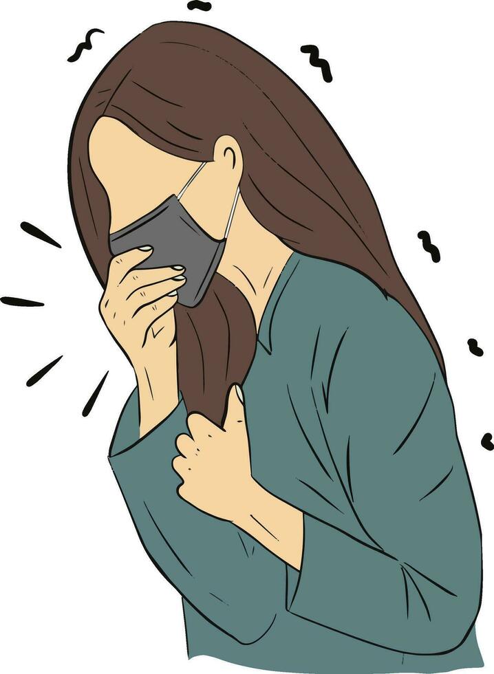hand drawn cartoon illustration of woman coughing ,sneezing, stuffy nose and runny nose vector