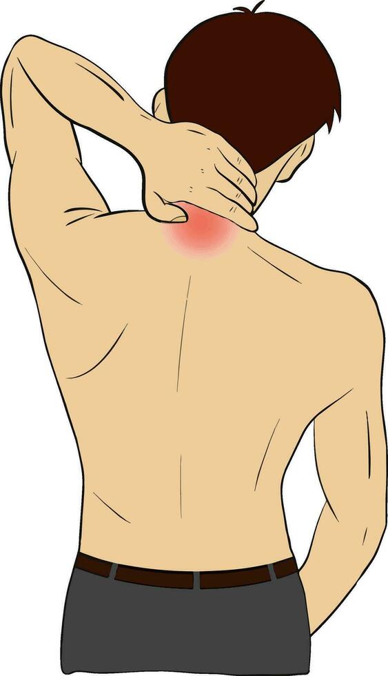 un hombre mano dibujar vector sufrimiento desde cuello dolor utilizando mano masaje doloroso cuello y nuca. mono tono color con rojo realce a cuello , salud cuidado ,médico concepto.