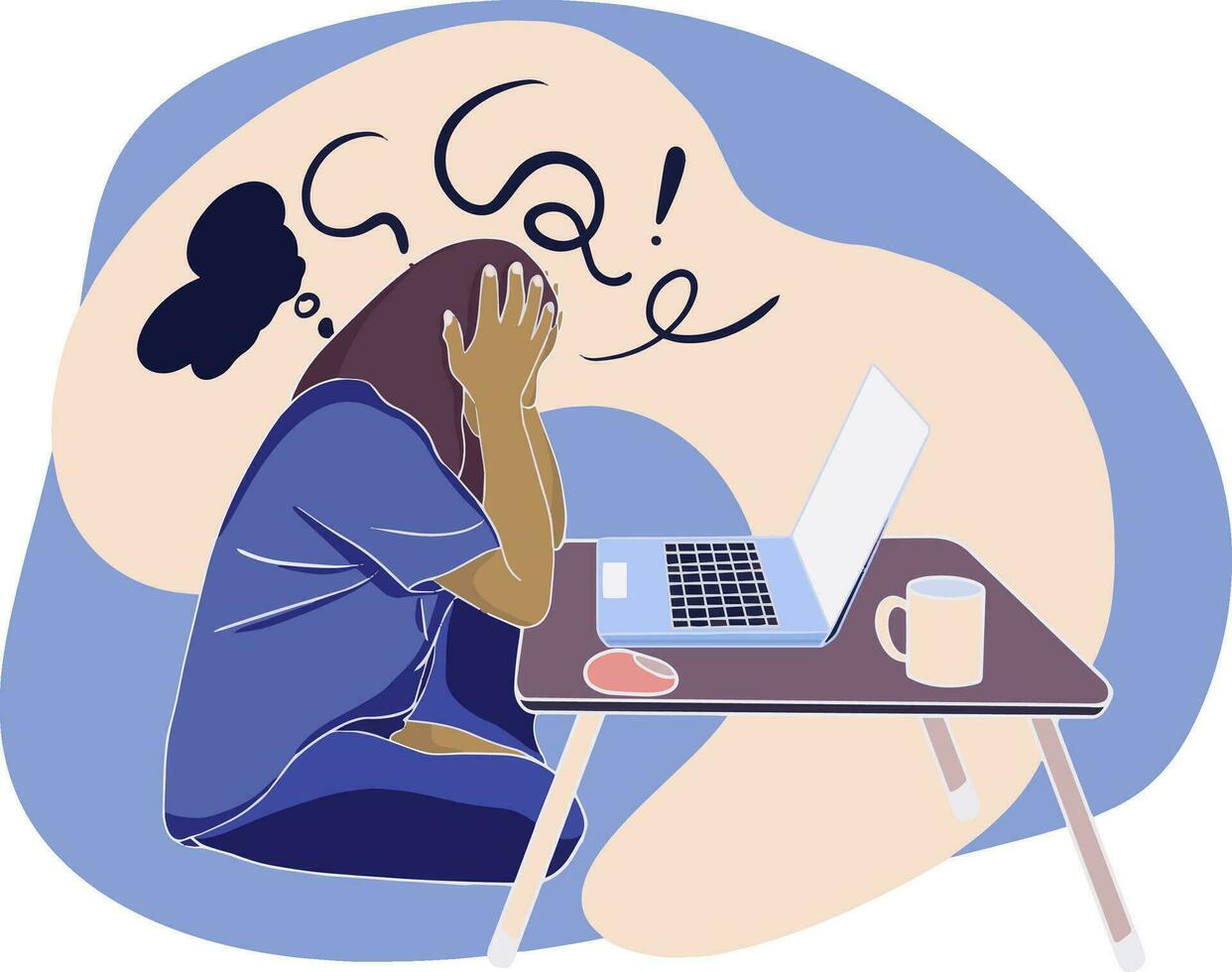 hand drawing style cartoon woman working at home problem stress, clinging to work can't think of anything vector