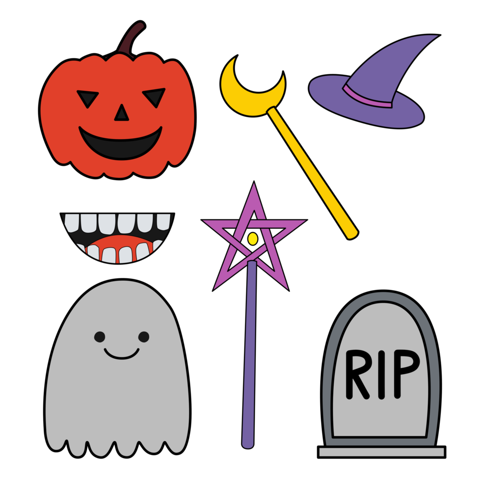 Set of Cute Halloween theme with pumpkin, ghost, Magic wand,Wizard wand,tombstone,Smile,Witch hat PNG transparent background, illustration