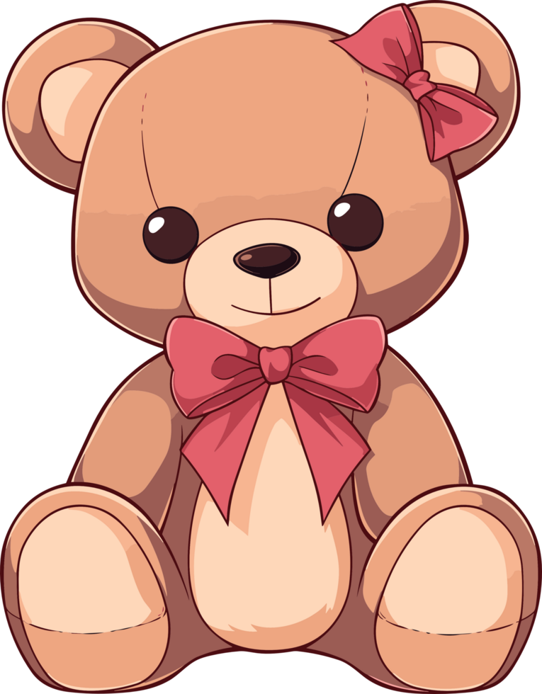 a cute cartoon teddy bear with a red bow on its head in a sitting position. png