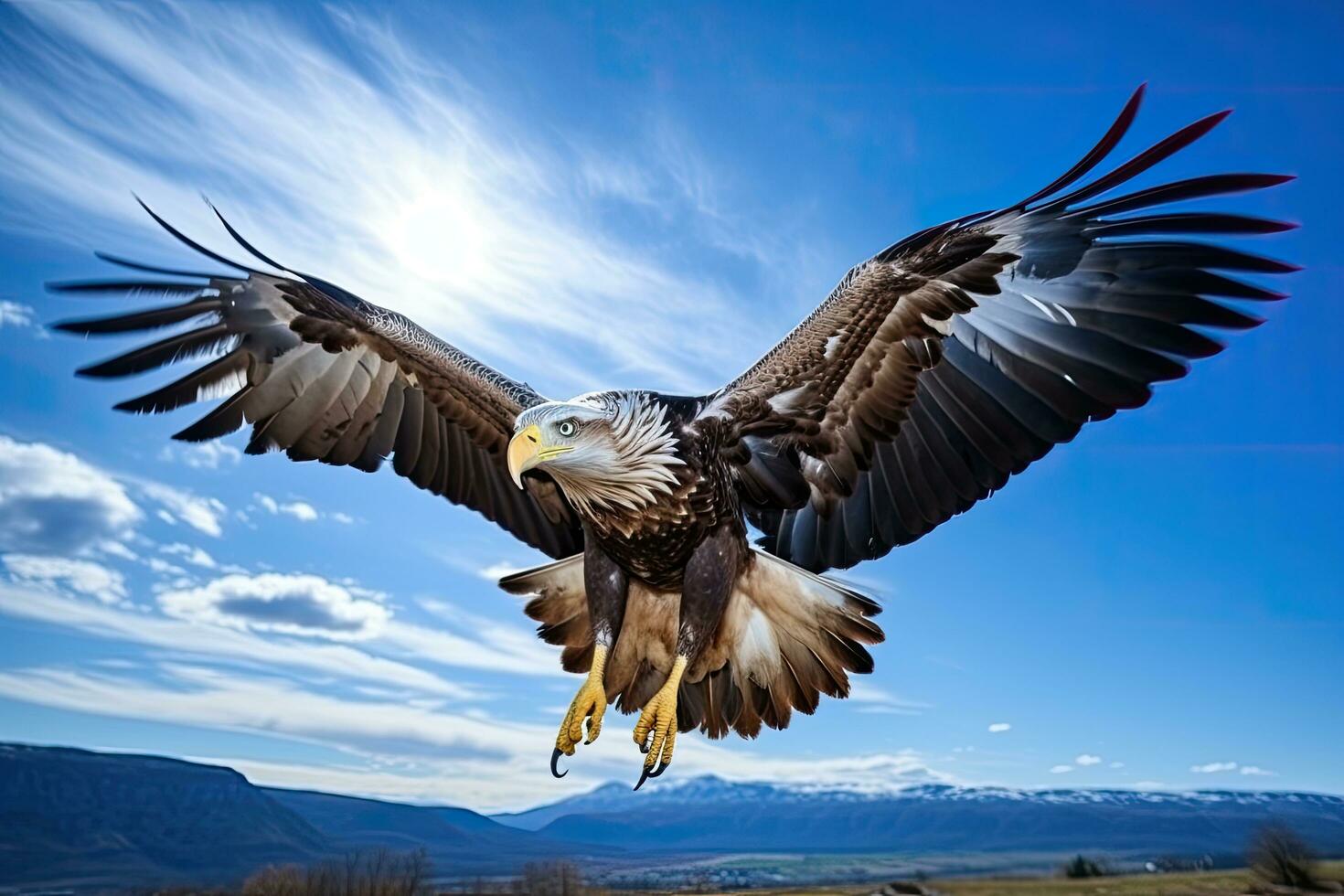 AI Generated An eagle bird spreading its wings in motion soaring above the blue sky looks majestic. photo