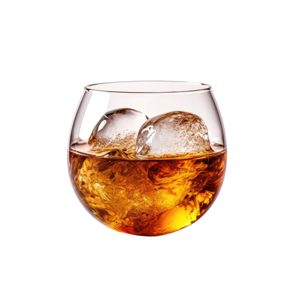 AI Generated Image Clipart Amber whiskey liquor in a clear glass with ice PNG