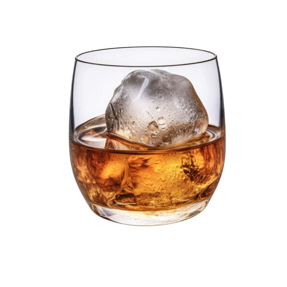 AI Generated Image Clipart Amber whiskey liquor in a clear glass with ice PNG