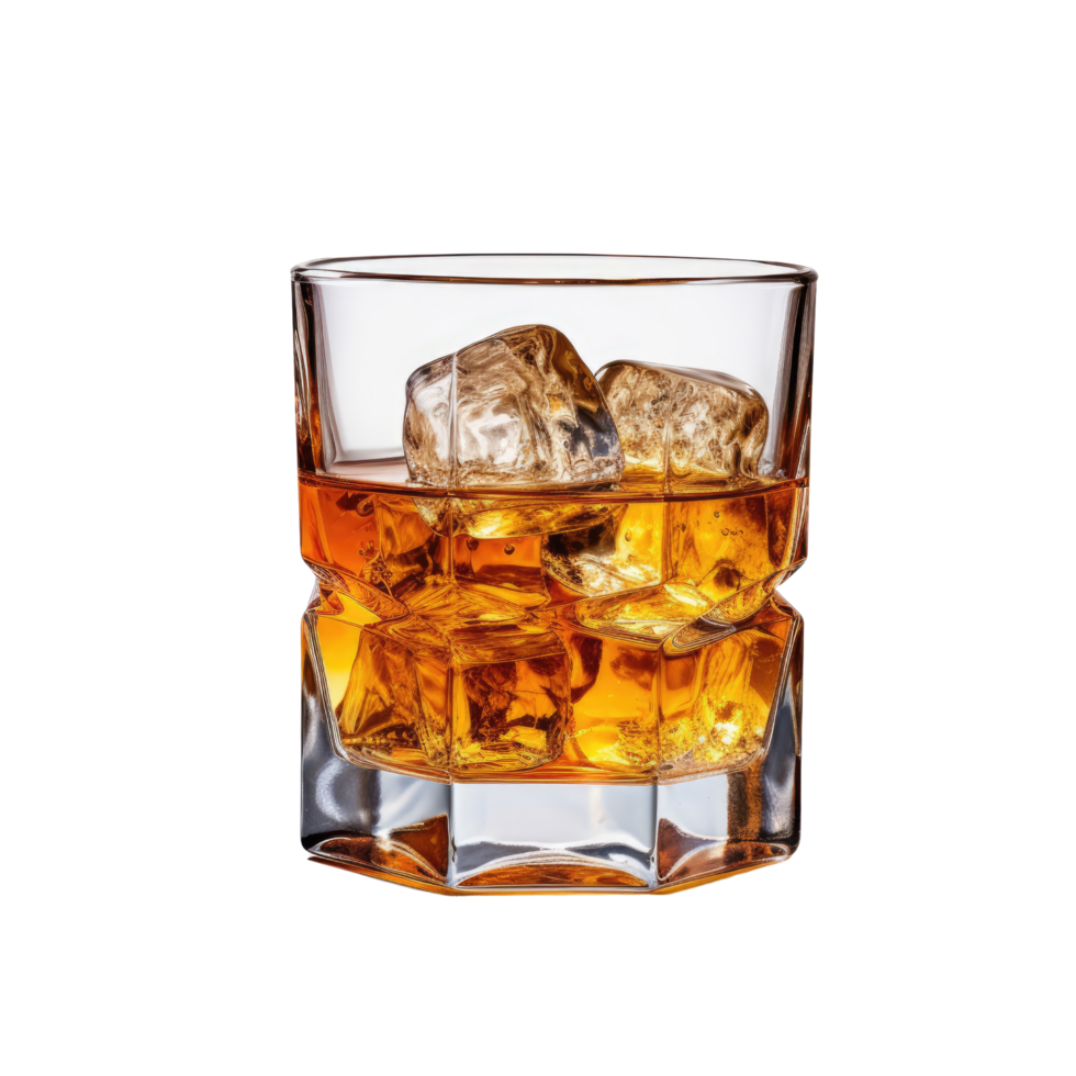 AI Generated Image Clipart Amber whiskey liquor in a clear glass with ice PNG