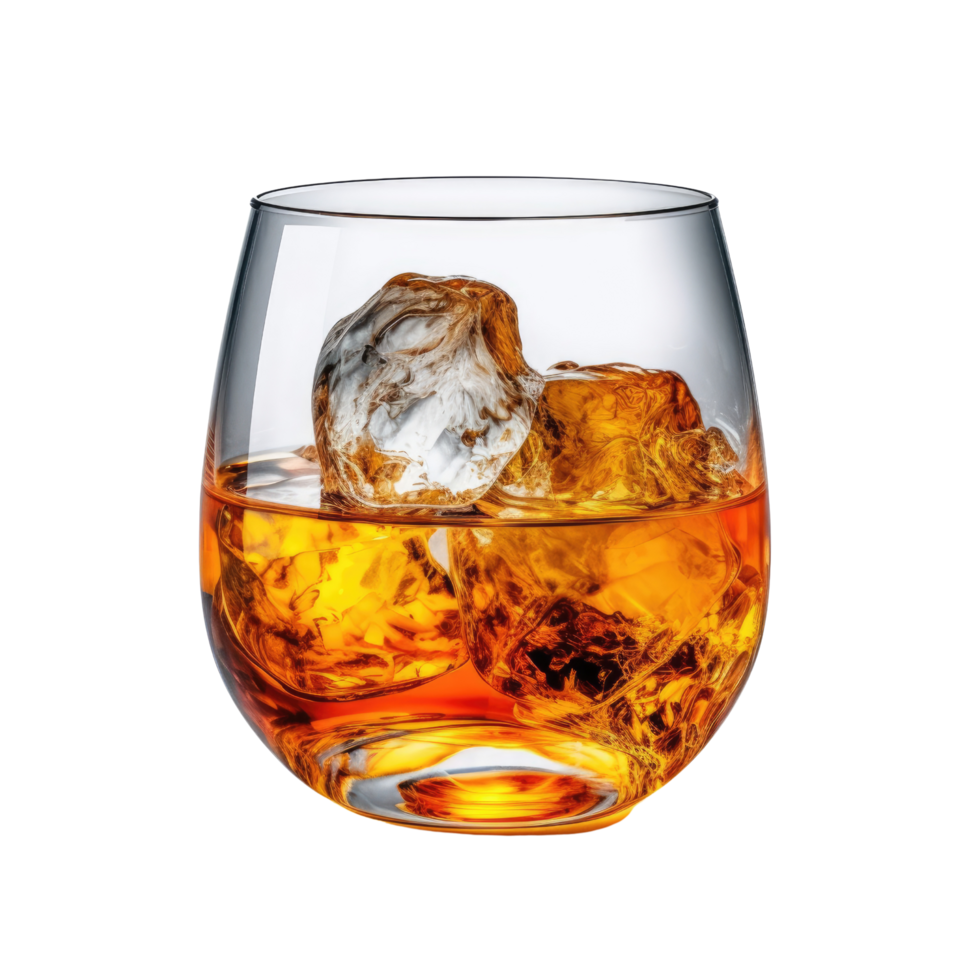 AI Generated Image Clipart Amber whiskey liquor in a clear glass with ice PNG