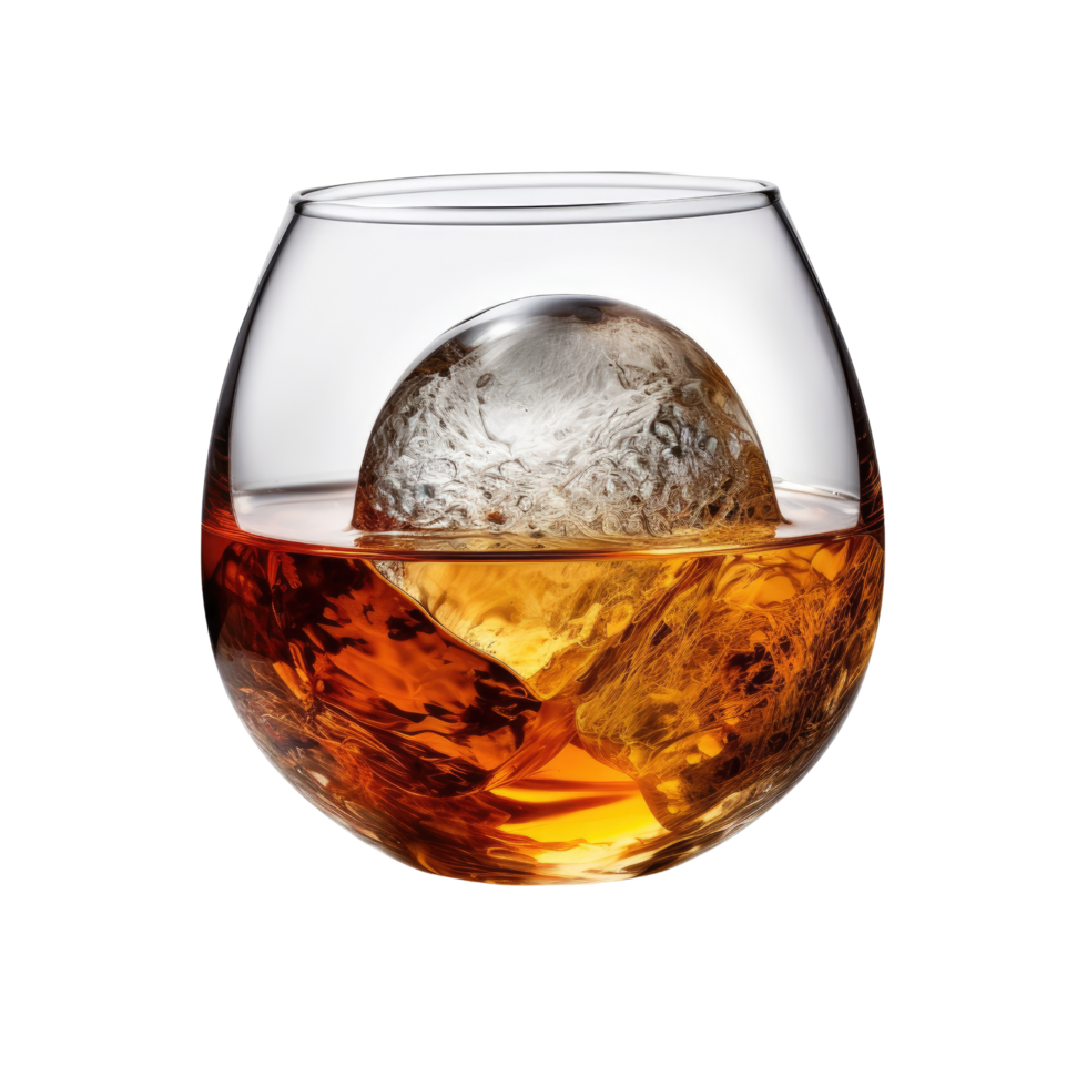 AI Generated Image Clipart Amber whiskey liquor in a clear glass with ice PNG