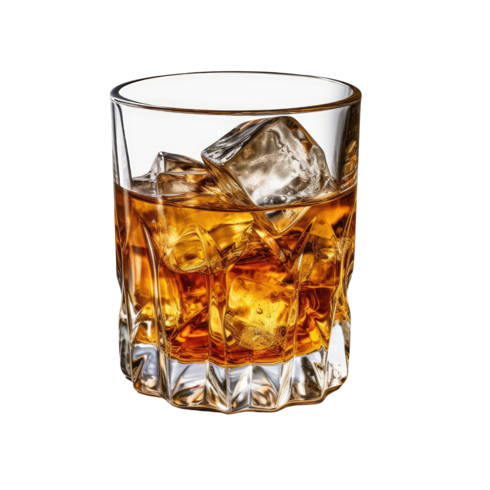 AI Generated Image Clipart Amber whiskey liquor in a clear glass with ice PNG