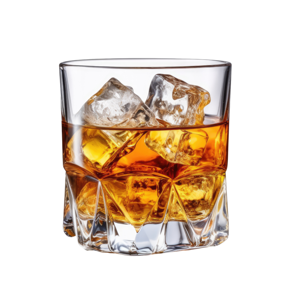 AI Generated Image Clipart Amber whiskey liquor in a clear glass with ice PNG