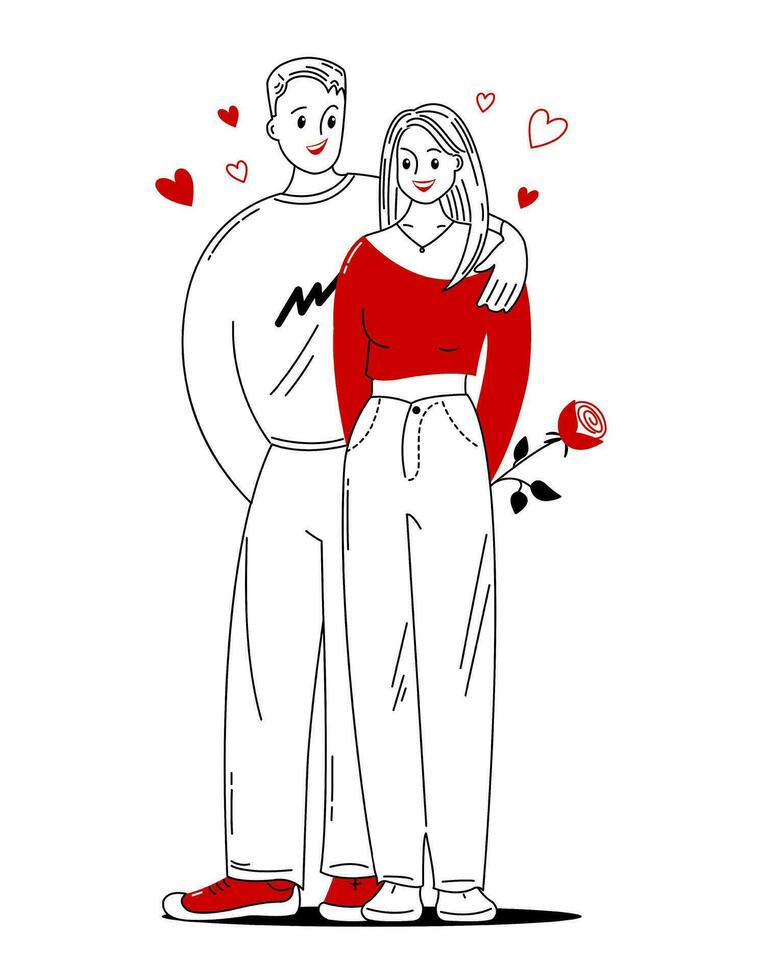 Pareja en amor. chico y niña en un relación en amor. garabatear estilo con rojo color elementos vector