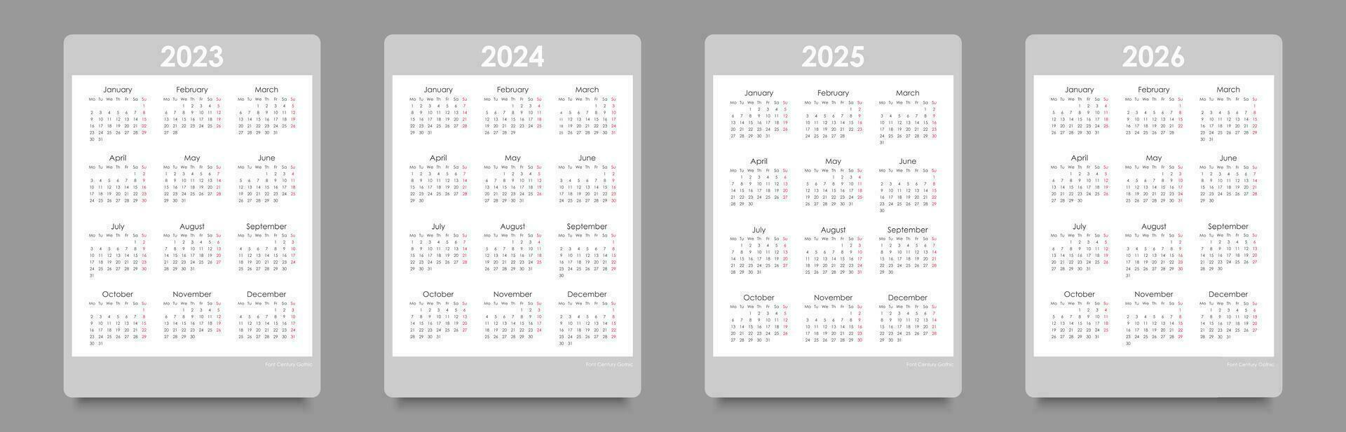 calendario conjunto para 2023, 2024, 2025, 2026. semana empieza en lunes, retrato orientación, negro y blanco, Inglés vector