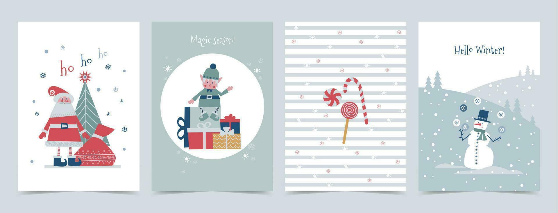 conjunto de saludo tarjetas, fiesta cubre para invierno Días festivos con para niños trama. Papa Noel con un bolso y un Navidad árbol, un linda duende con regalos, un monigote de nieve en un invierno paisaje, fiesta dulces. vertical vector