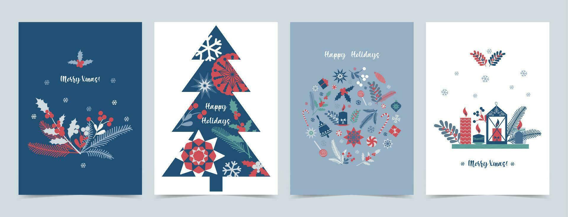 Set of greeting cards, holiday covers for winter holidays. Mistletoe branches, fir branches, Christmas trees, stars, snowflakes, candles, ornament, gifts. Vertical arrangement. vector