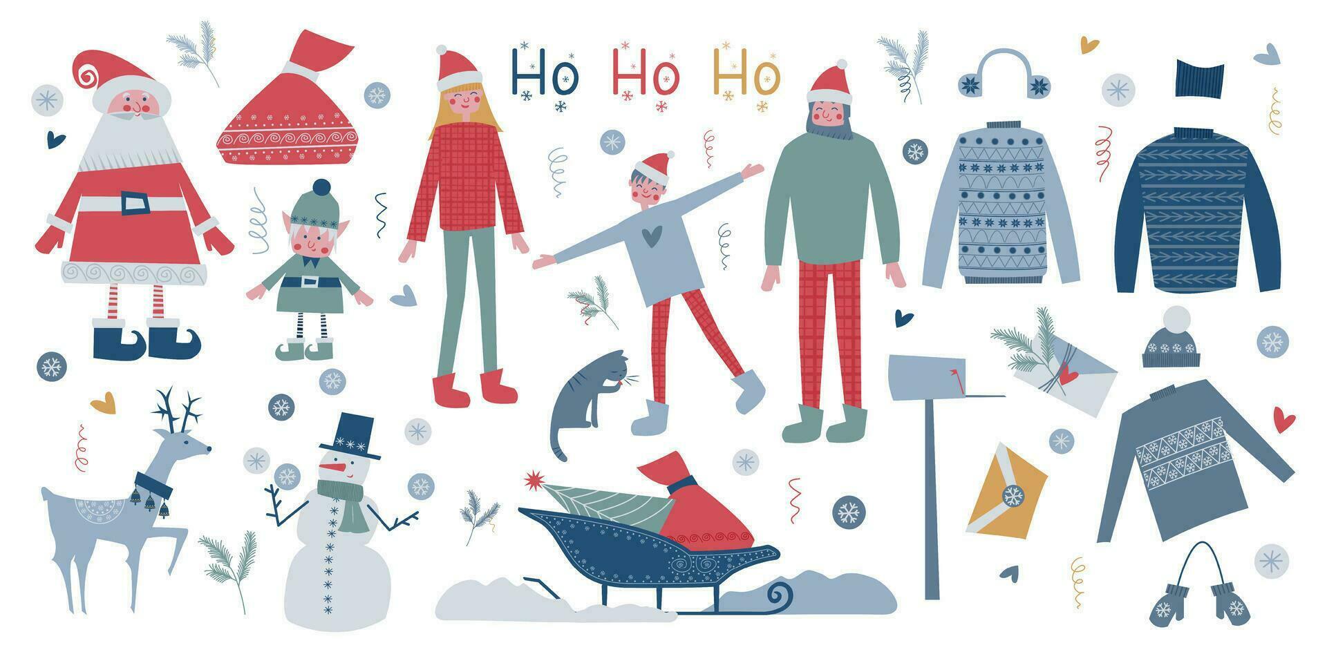 Set of elements for design on the theme of winter holidays. Santa Claus, elf, snowman, family, sleigh, deer, snowdrift, snowballs, sweaters, mittens and more. Over 26 items. vector