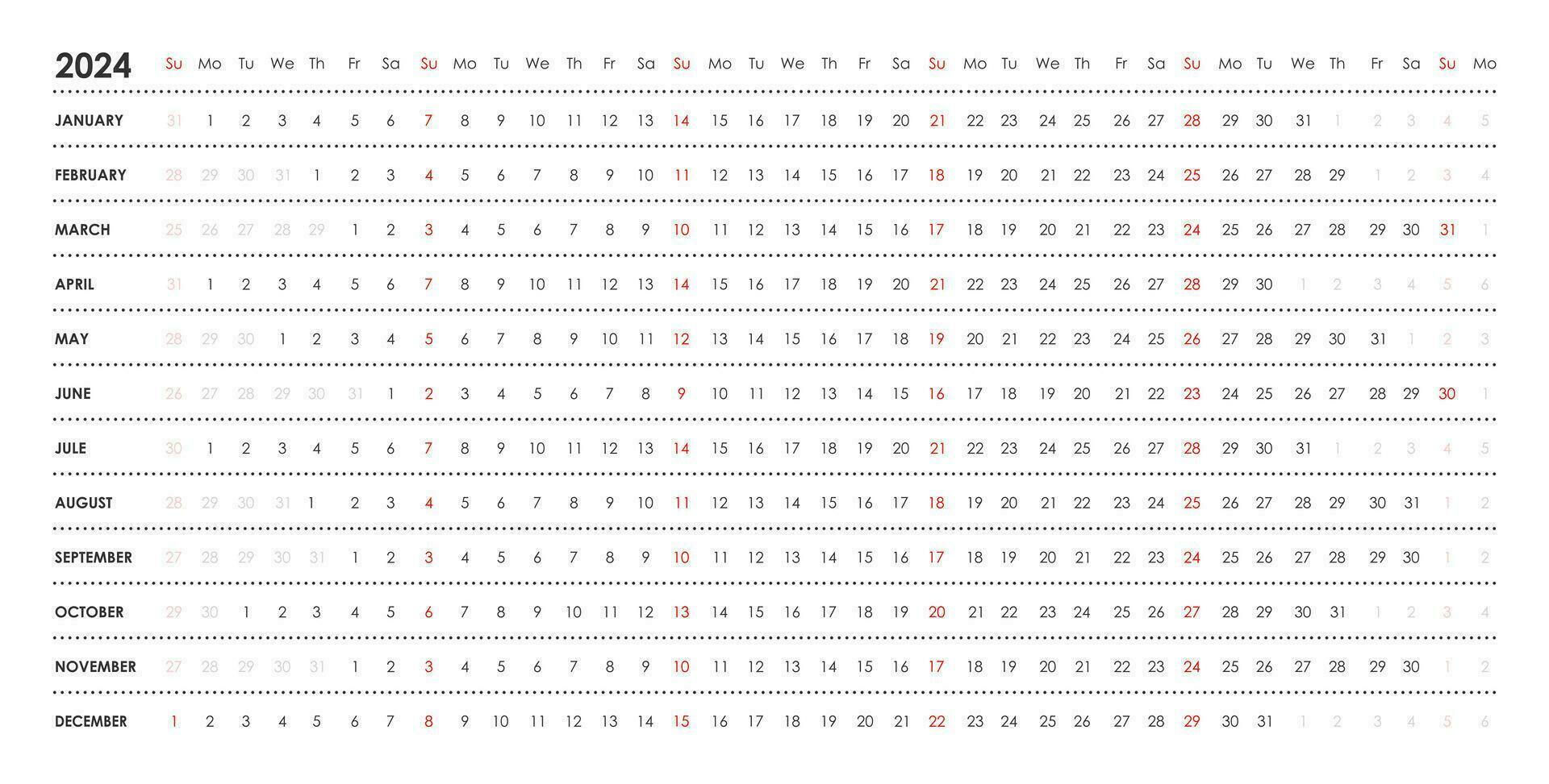 Linear calendar for 2024. Horizontal, week starts on Sunday, black and white, English. vector