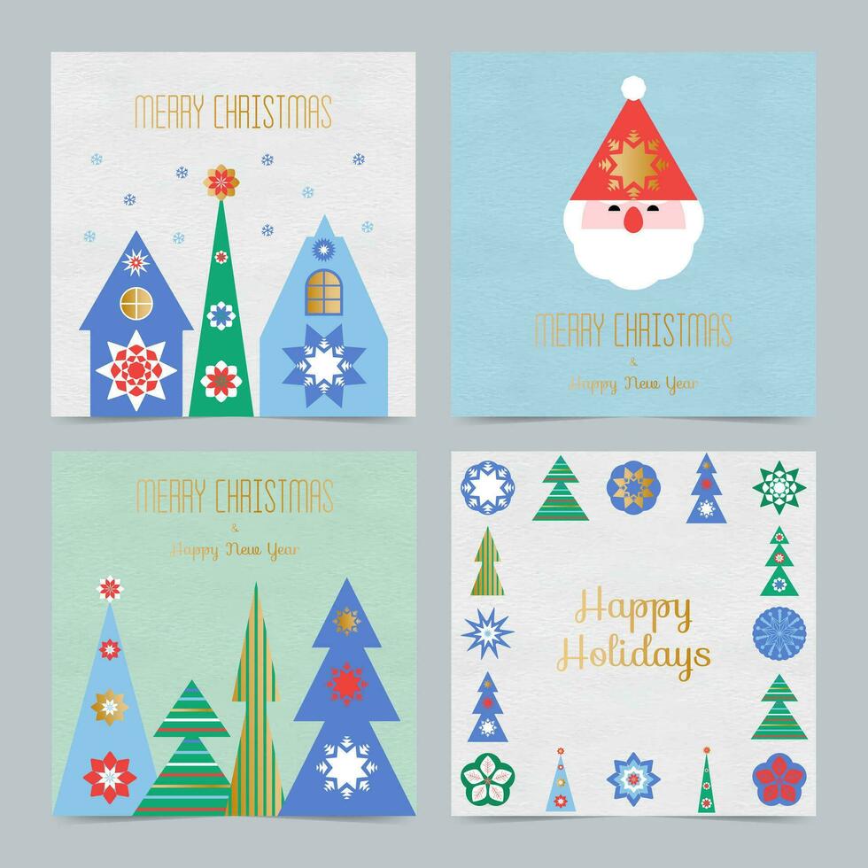 Merry christmas greeting card, poster, holiday cover, flyer, leaflet. Santa Claus, houses, Christmas trees. Minimalism, Scandinavian style. vector